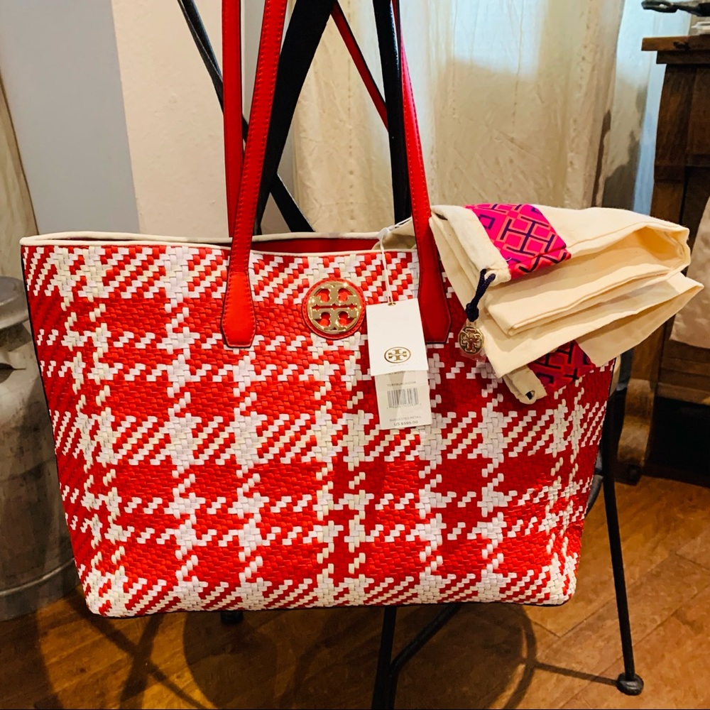 Tory Burch Duet Woven Tote Cherry/White NWT